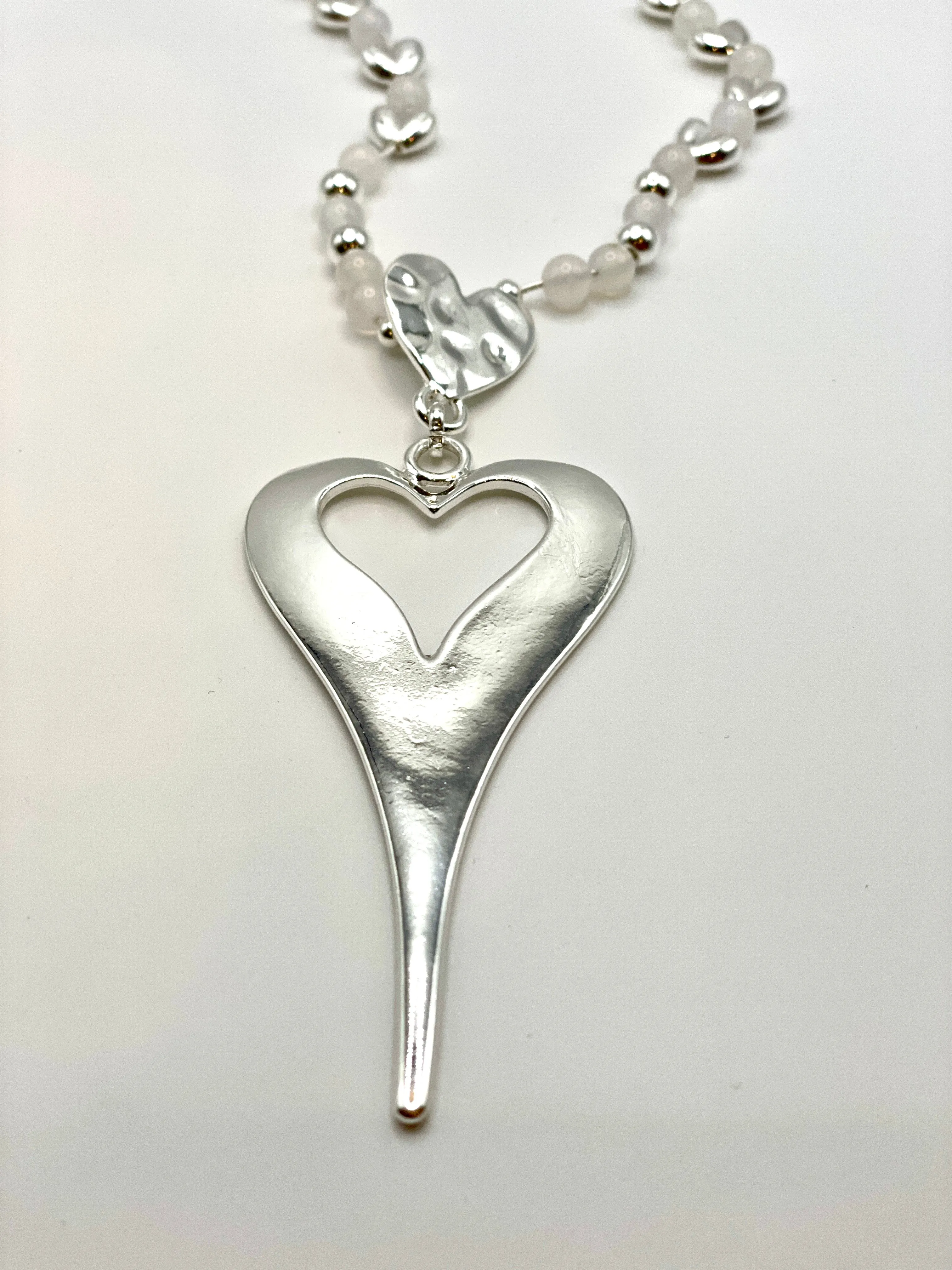 Long Abstract Silver and White Bead Heart Necklace