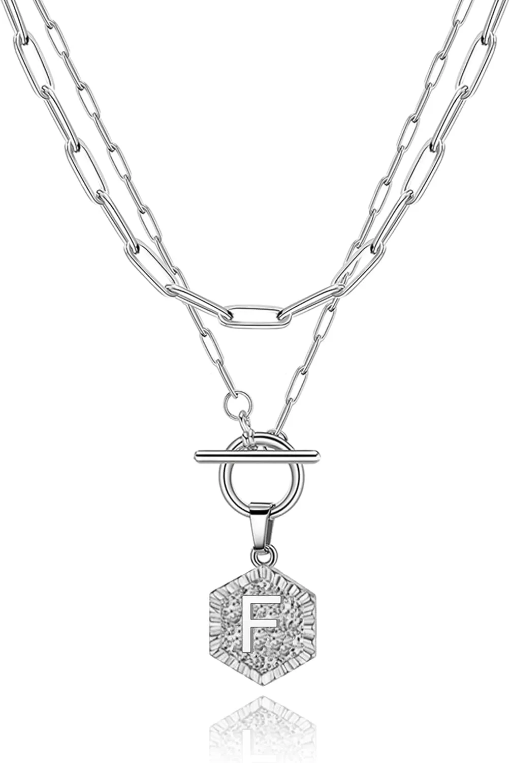 Long tiantian Silver Layered Initial Necklaces for Women Gifts Trendy Stuff Silver Gold Paperclip Link Chain Necklace Coin Letter Pendant Choker Toggle Clasp