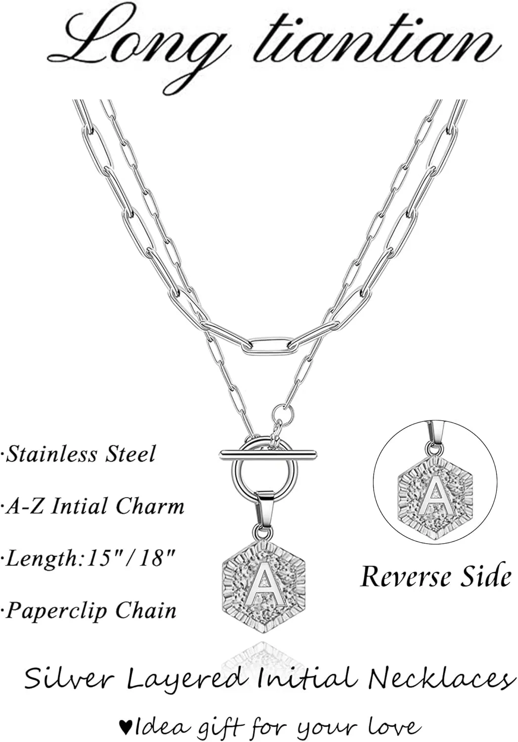 Long tiantian Silver Layered Initial Necklaces for Women Gifts Trendy Stuff Silver Gold Paperclip Link Chain Necklace Coin Letter Pendant Choker Toggle Clasp