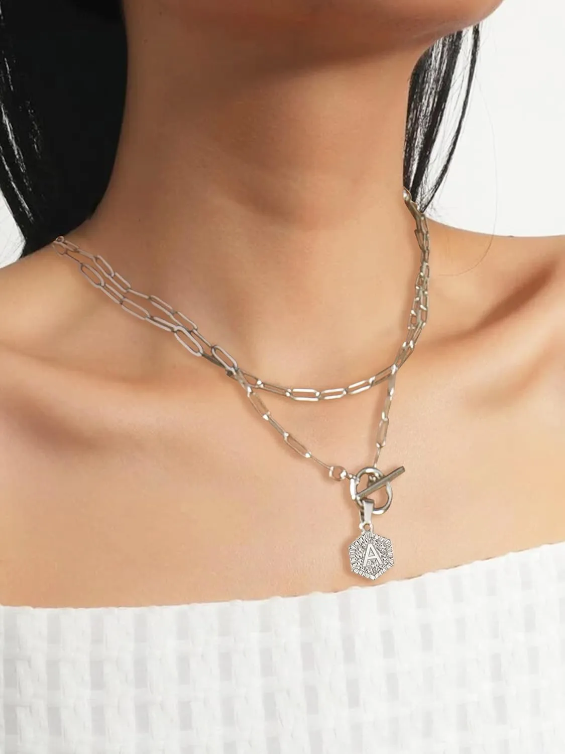 Long tiantian Silver Layered Initial Necklaces for Women Gifts Trendy Stuff Silver Gold Paperclip Link Chain Necklace Coin Letter Pendant Choker Toggle Clasp