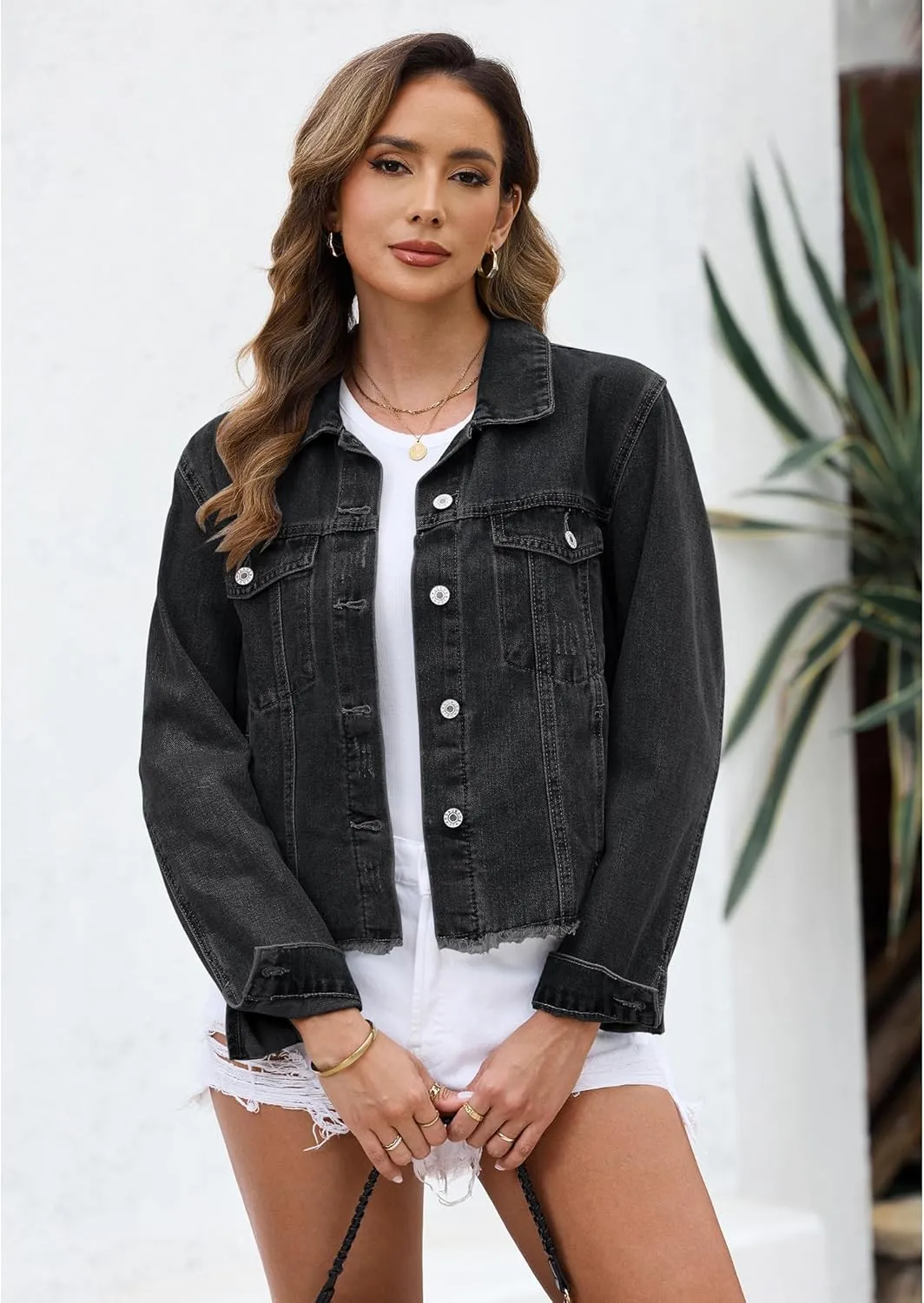 LookbookStore Jean Jackets for Women Trendy Button Down Denim Trucker Jackets Long Sleeves Frayed Hem Shacket Jacket