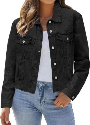 LookbookStore Jean Jackets for Women Trendy Button Down Denim Trucker Jackets Long Sleeves Frayed Hem Shacket Jacket