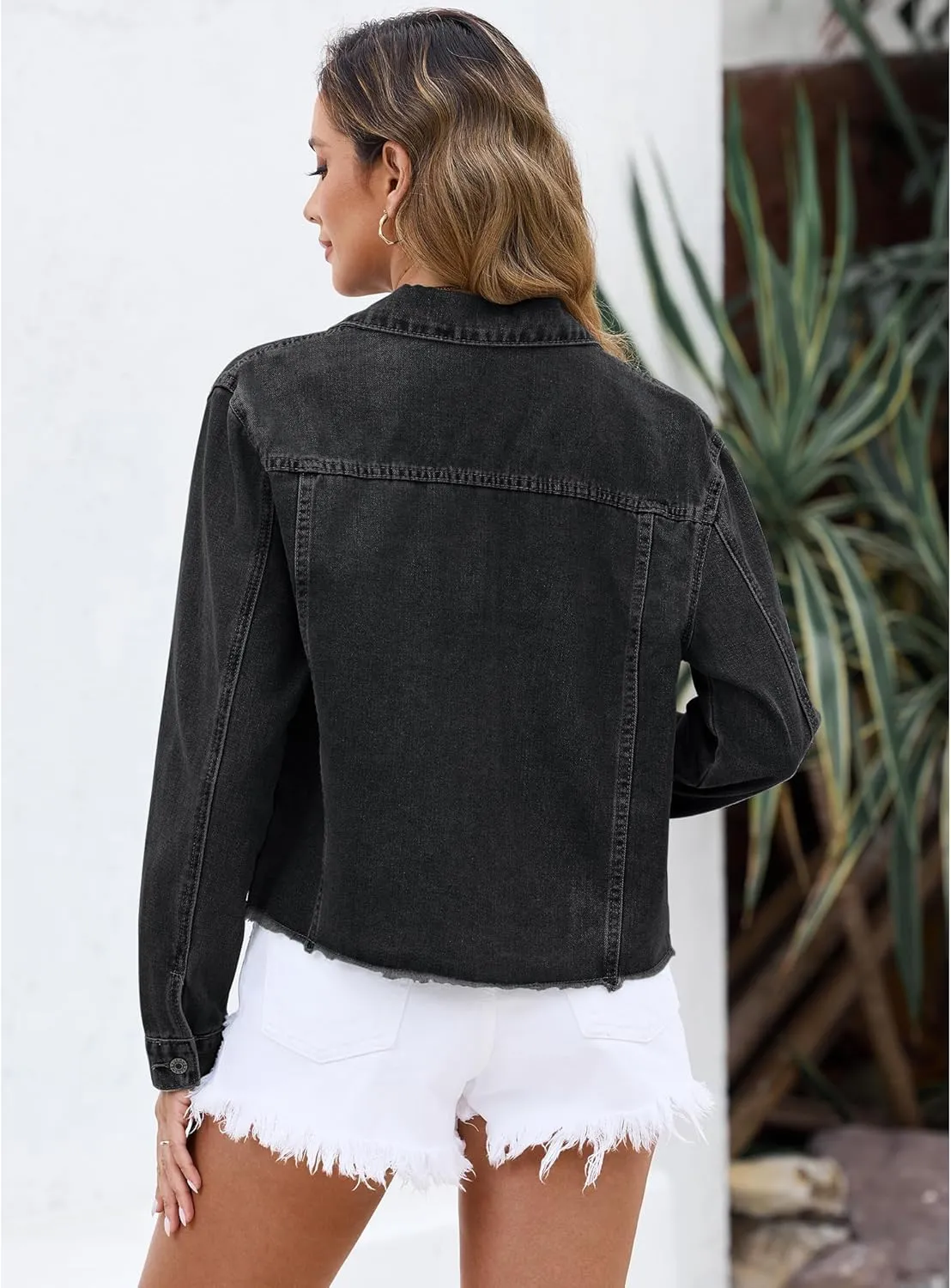 LookbookStore Jean Jackets for Women Trendy Button Down Denim Trucker Jackets Long Sleeves Frayed Hem Shacket Jacket