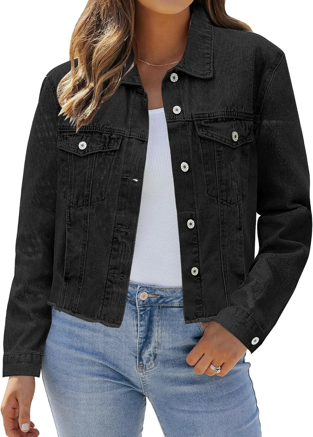 LookbookStore Jean Jackets for Women Trendy Button Down Denim Trucker Jackets Long Sleeves Frayed Hem Shacket Jacket