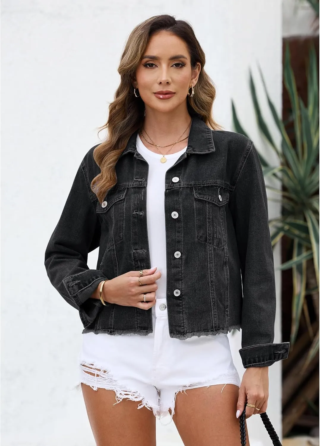 LookbookStore Jean Jackets for Women Trendy Button Down Denim Trucker Jackets Long Sleeves Frayed Hem Shacket Jacket