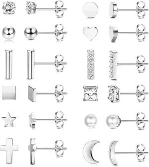 LOYALLOOK 12 Pairs Stud Earrings for Women 316L Stainless Steel Hypoallergenic - Multiple Piercing Options with Heart, Star, Pearl, CZ Design - Comfortable Everyday Jewelry Set
