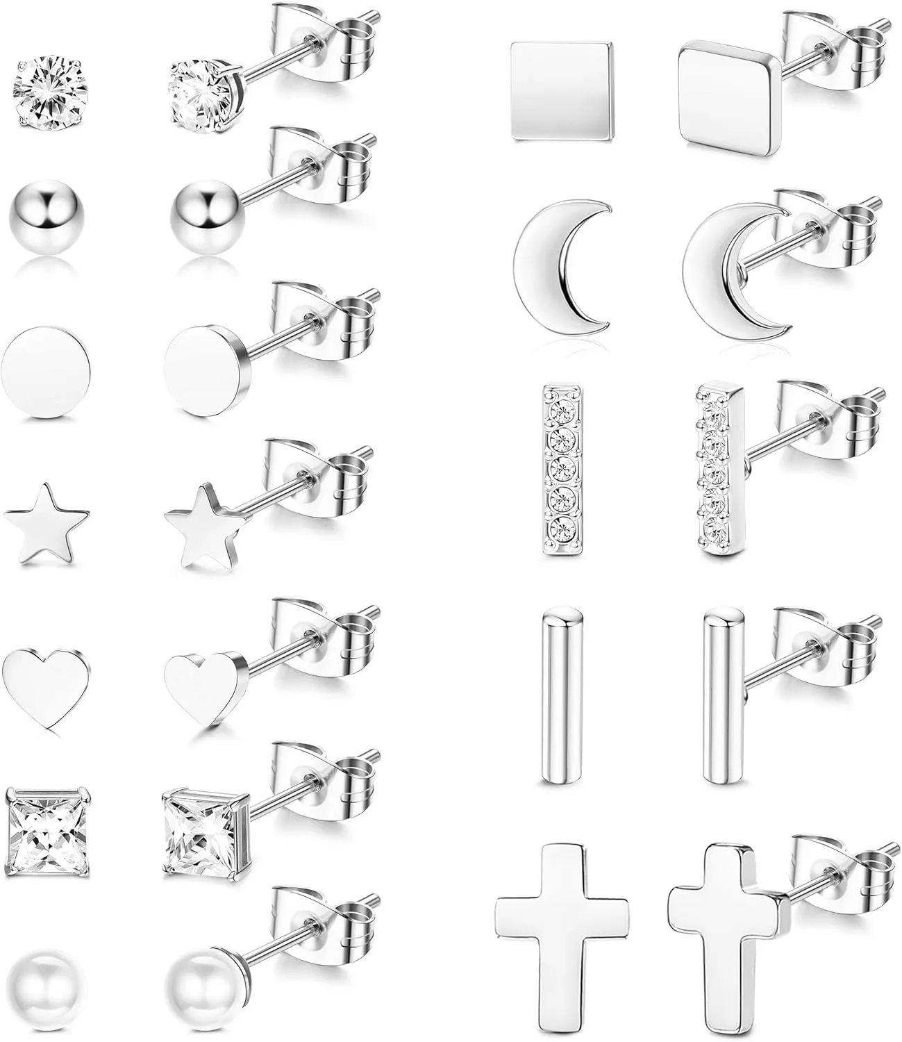 LOYALLOOK 12 Pairs Stud Earrings for Women 316L Stainless Steel Hypoallergenic - Multiple Piercing Options with Heart, Star, Pearl, CZ Design - Comfortable Everyday Jewelry Set