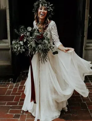 Luolandi Boho Wedding Dresses Ball Gown V Neck 3/4 Length Sleeve Sweep / Brush Train Chiffon Bridal Suits Bridal Gowns
