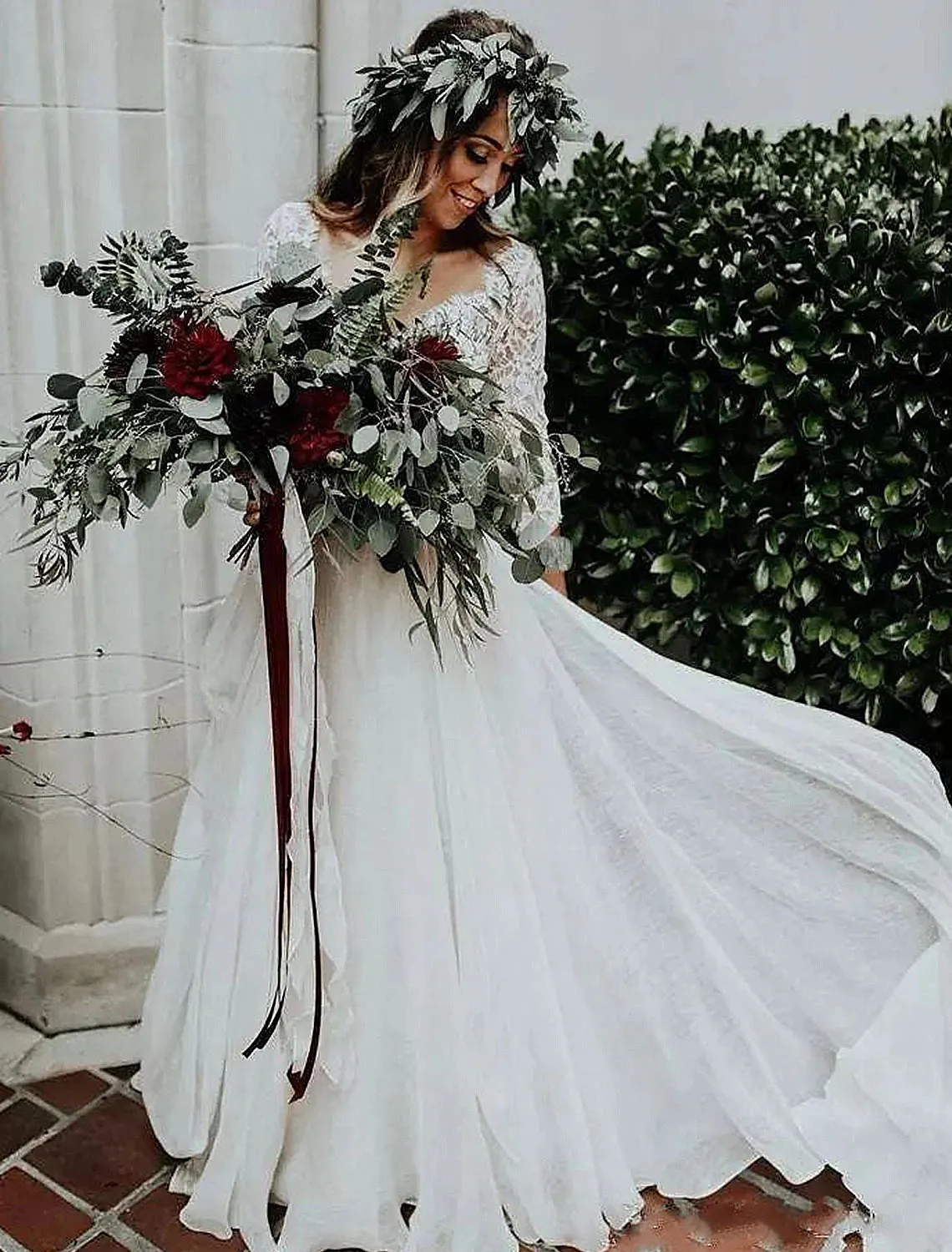 Luolandi Boho Wedding Dresses Ball Gown V Neck 3/4 Length Sleeve Sweep / Brush Train Chiffon Bridal Suits Bridal Gowns