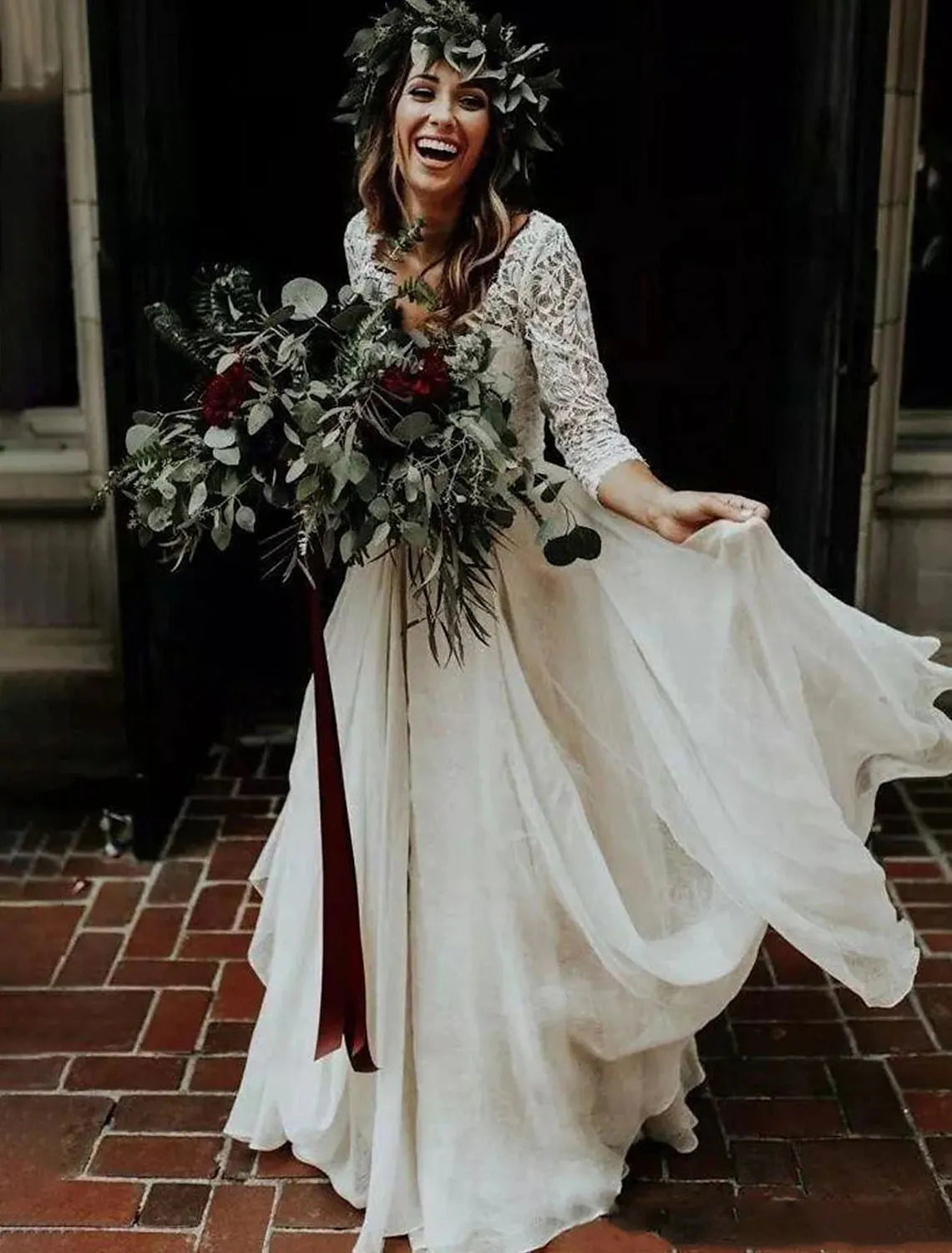Luolandi Boho Wedding Dresses Ball Gown V Neck 3/4 Length Sleeve Sweep / Brush Train Chiffon Bridal Suits Bridal Gowns