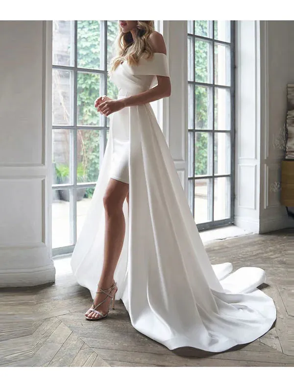 Luolandi Bridal Shower Simple Wedding Dresses Glitter & Sparkle Wedding Dresses Ball Gown Off Shoulder Sleeveless Tea Length Lace Bridal Gowns With Appliques