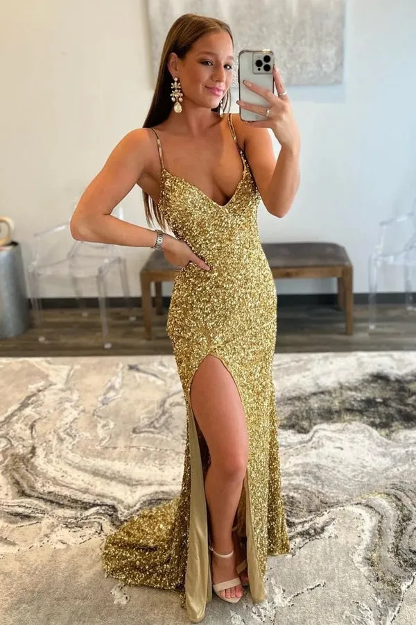 Luolandi Charming Mermaid V Nekc Gold Sequins Long Prom Dresses with Slit Sparkly Evening Dress