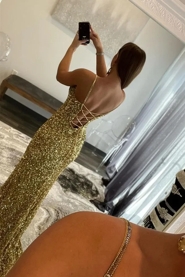 Luolandi Charming Mermaid V Nekc Gold Sequins Long Prom Dresses with Slit Sparkly Evening Dress