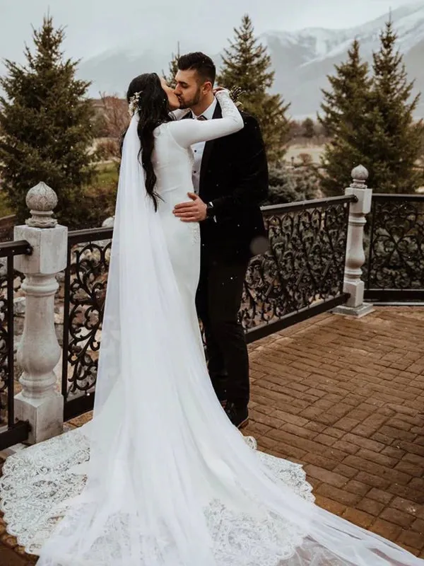 Luolandi Elegant Lace Satin Mermaid Longsleeves Appliques Sweep Train Simple Wedding Dresses