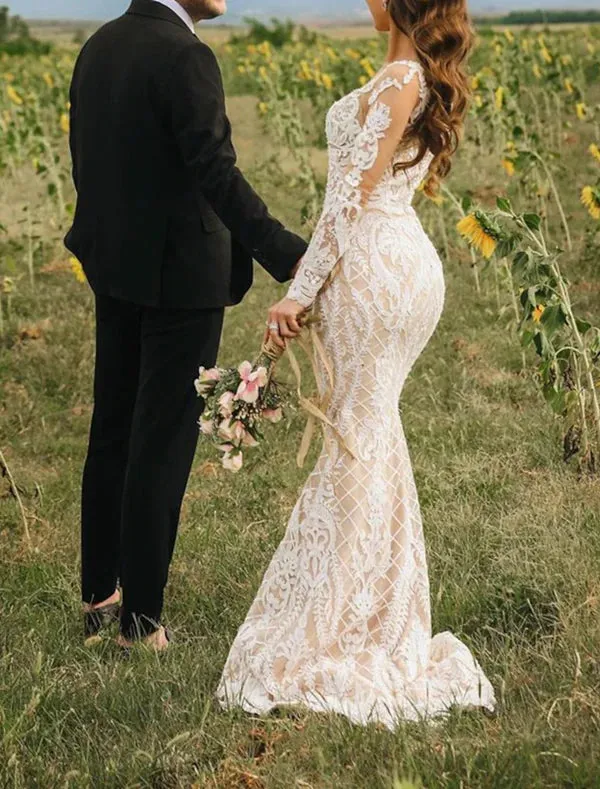 Luolandi Engagement Formal Boho Wedding Dresses Mermaid / Trumpet Illusion Neck Long Sleeve Sweep / Brush Train Lace Bridal Gowns With Appliques Beautiful