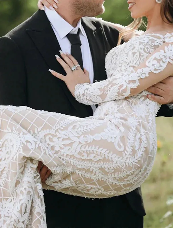 Luolandi Engagement Formal Boho Wedding Dresses Mermaid / Trumpet Illusion Neck Long Sleeve Sweep / Brush Train Lace Bridal Gowns With Appliques Beautiful