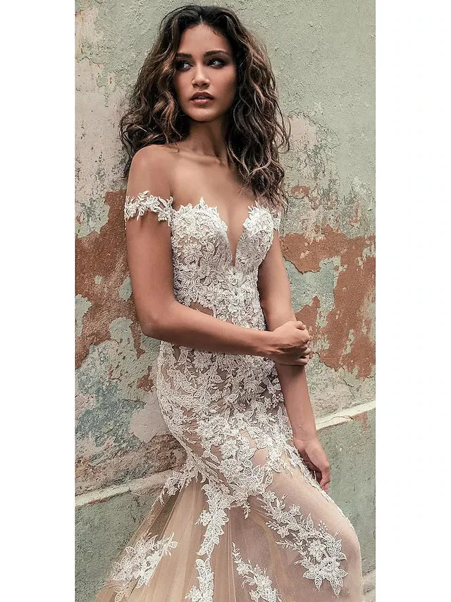 Luolandi Engagement Formal Fall Wedding Dresses Ball Gown Sweetheart Cap Sleeve Court Train Lace Bridal