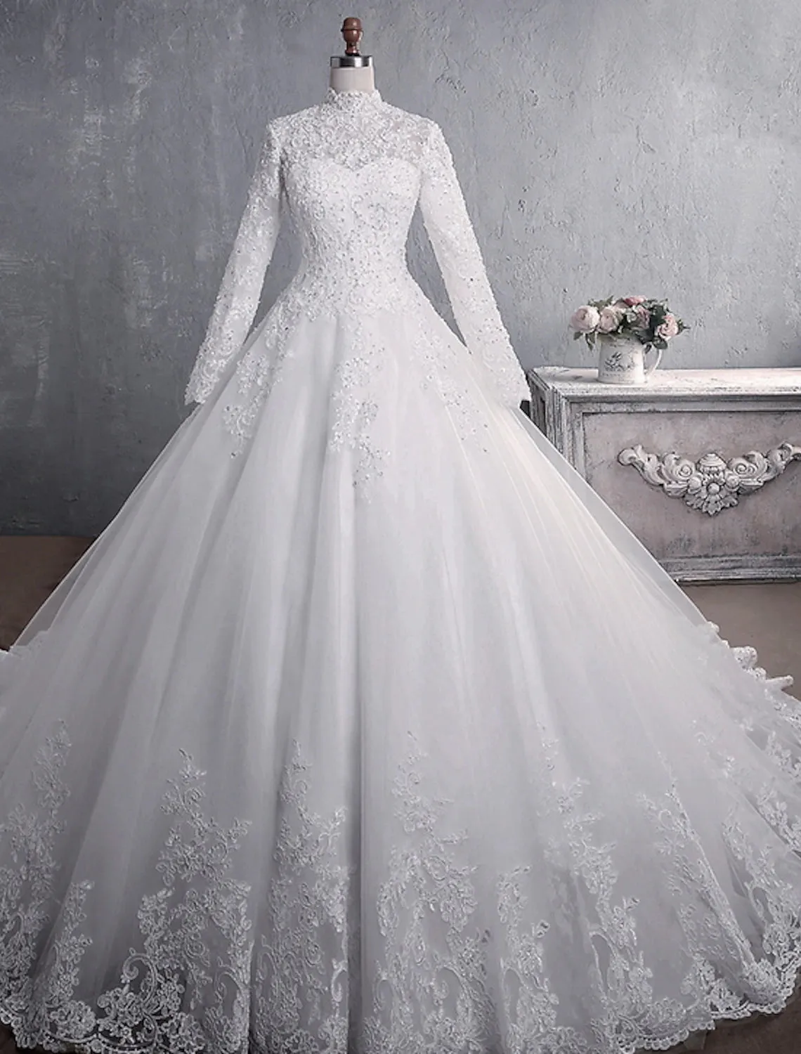 Luolandi Engagement Formal Wedding Dresses Ball Gown High Neck Long Sleeve Court Train Lace Bridal Gowns