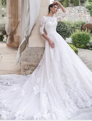 Luolandi Engagement Formal Wedding Dresses Ball Gown Illusion Neck 3/4 Length Sleeve Court Train Lace Bridal Gowns