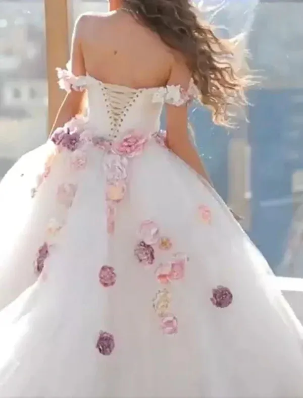Luolandi Engagement Formal Wedding Dresses Ball Gown Off Shoulder Cap Sleeve Court Train Satin Bridal Gowns With Appliques Summer Fall Wedding Party With Flowers