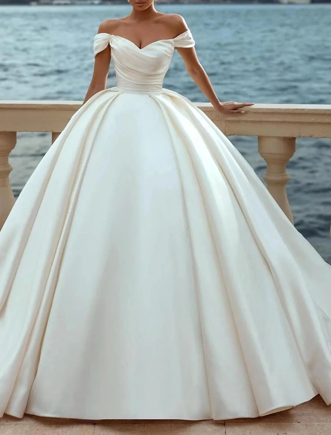 Luolandi Engagement Formal Wedding Dresses Ball Gown Off Shoulder Cap Sleeve Court Train Satin Bridal Gowns With Ruched