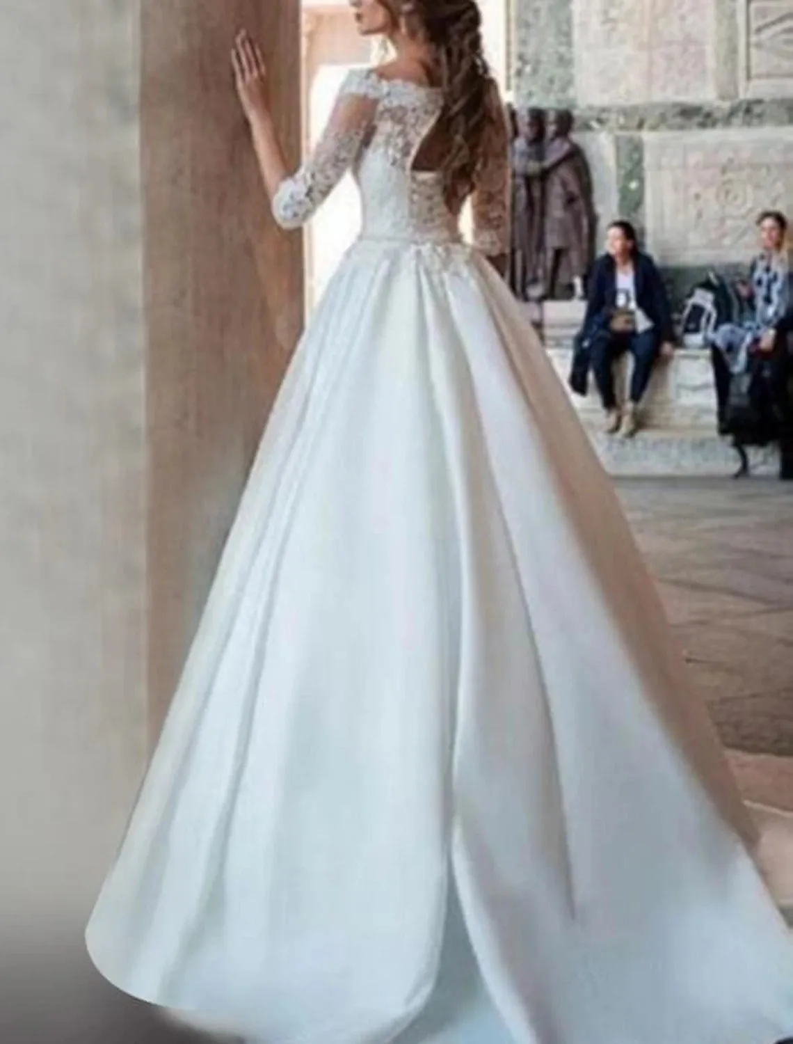 Luolandi Engagement Formal Wedding Dresses Ball Gown Off Shoulder Half Sleeve Sweep / Brush Train Satin Bridal Gowns With Pleats