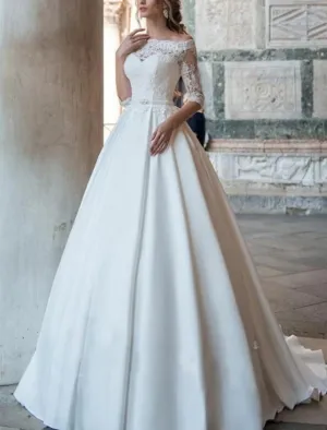 Luolandi Engagement Formal Wedding Dresses Ball Gown Off Shoulder Half Sleeve Sweep / Brush Train Satin Bridal Gowns With Pleats