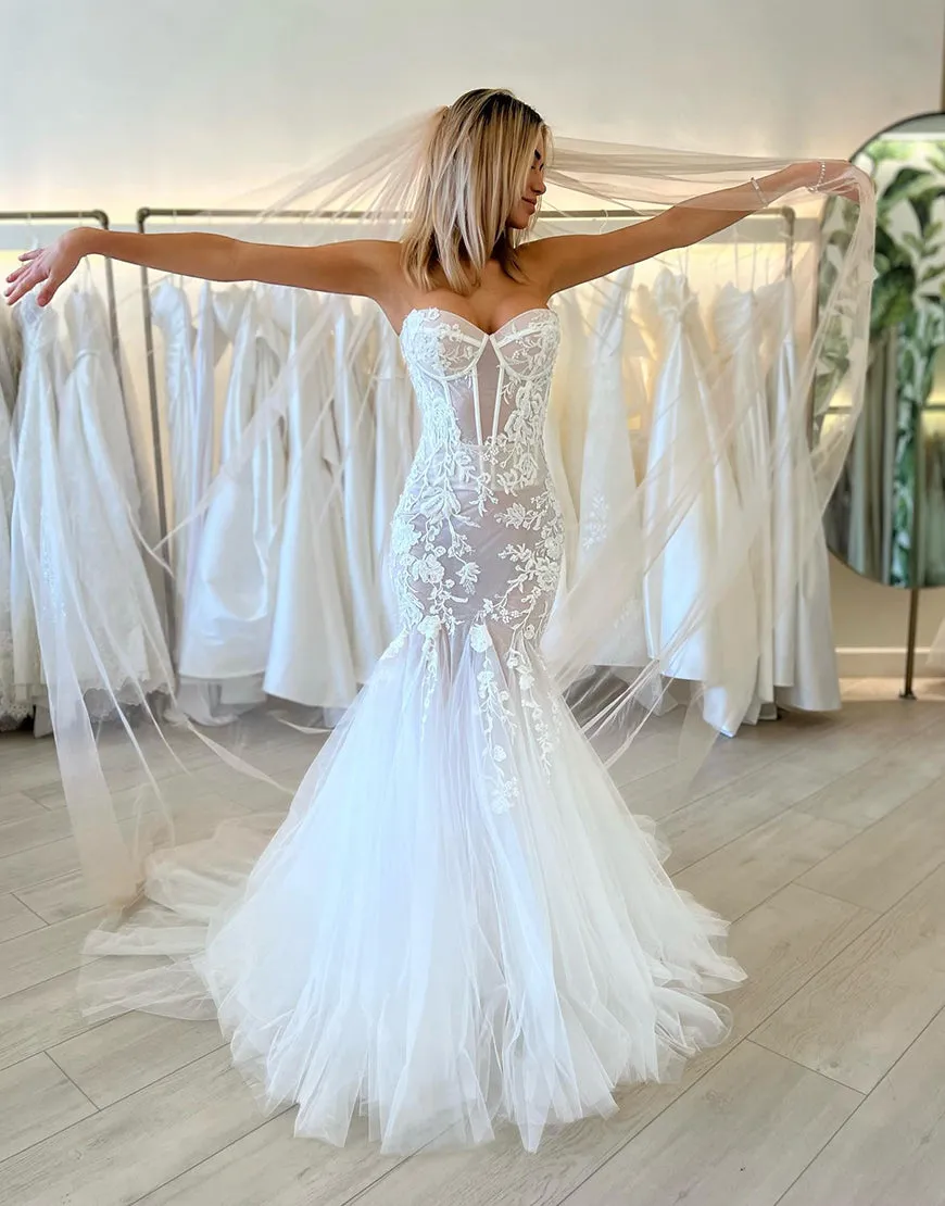 Luolandi Mermaid Ivory Strapless Tulle Wedding Dresses With Appliques Off Shoulder