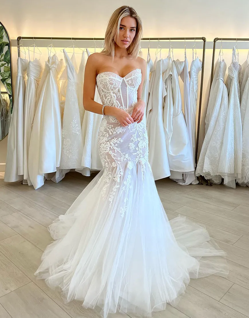 Luolandi Mermaid Ivory Strapless Tulle Wedding Dresses With Appliques Off Shoulder
