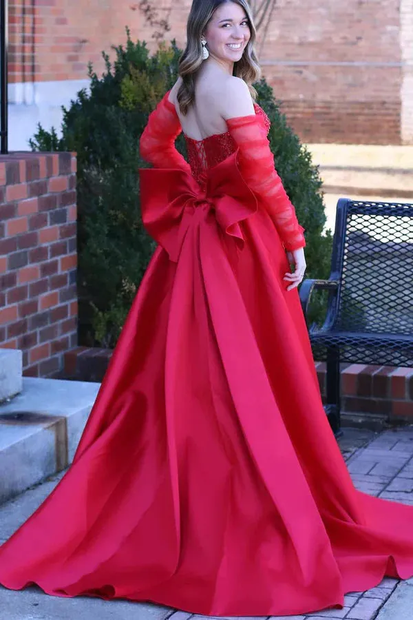 Luolandi Mermaid Strapless Red Beaded Long Prom Dresses with Bow Off Shoulder Evening Dress