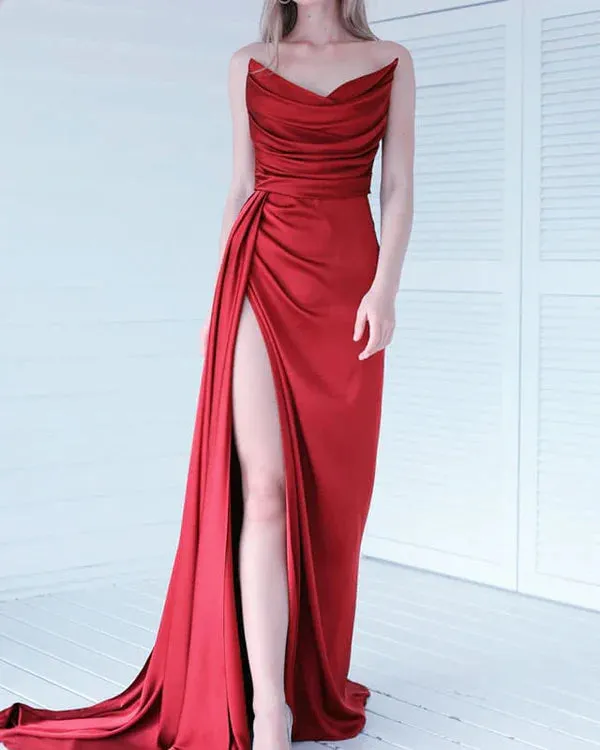 Luolandi Mermaid Strapless Split Dress Satin Ruched Prom Dresses Sexy Evening Dress Party Dress
