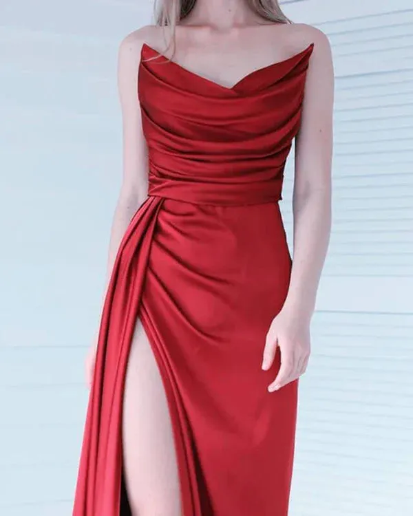 Luolandi Mermaid Strapless Split Dress Satin Ruched Prom Dresses Sexy Evening Dress Party Dress