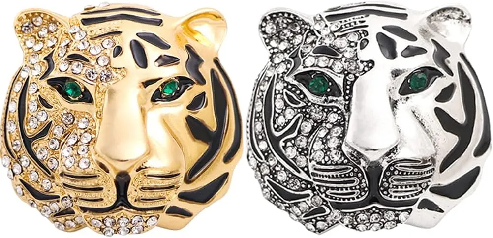 LUOZZY 2Pcs Tiger Head Brooch Pins Rhinestone Lapel Pin Animal Suit Pin Vintage Gold Silver Tiger Brooch for Men Women Girls Clothes Accessory Christmas New Year Gift