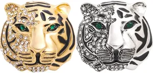LUOZZY 2Pcs Tiger Head Brooch Pins Rhinestone Lapel Pin Animal Suit Pin Vintage Gold Silver Tiger Brooch for Men Women Girls Clothes Accessory Christmas New Year Gift