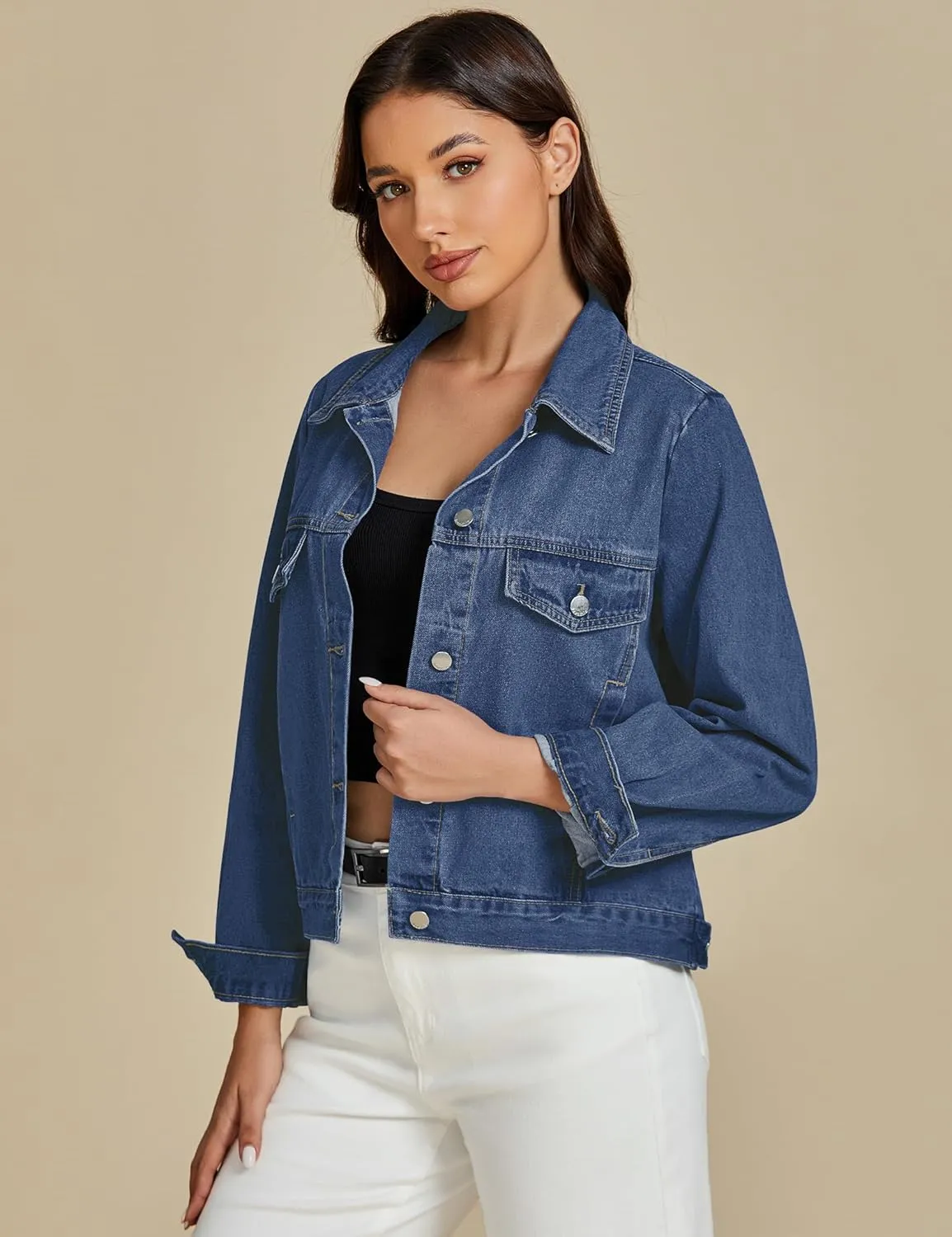 luvamia Denim Jackets for Women Trendy Casual Button Down Relaxed Fit Western Trucker Distressed Jean Jacket with Pocket