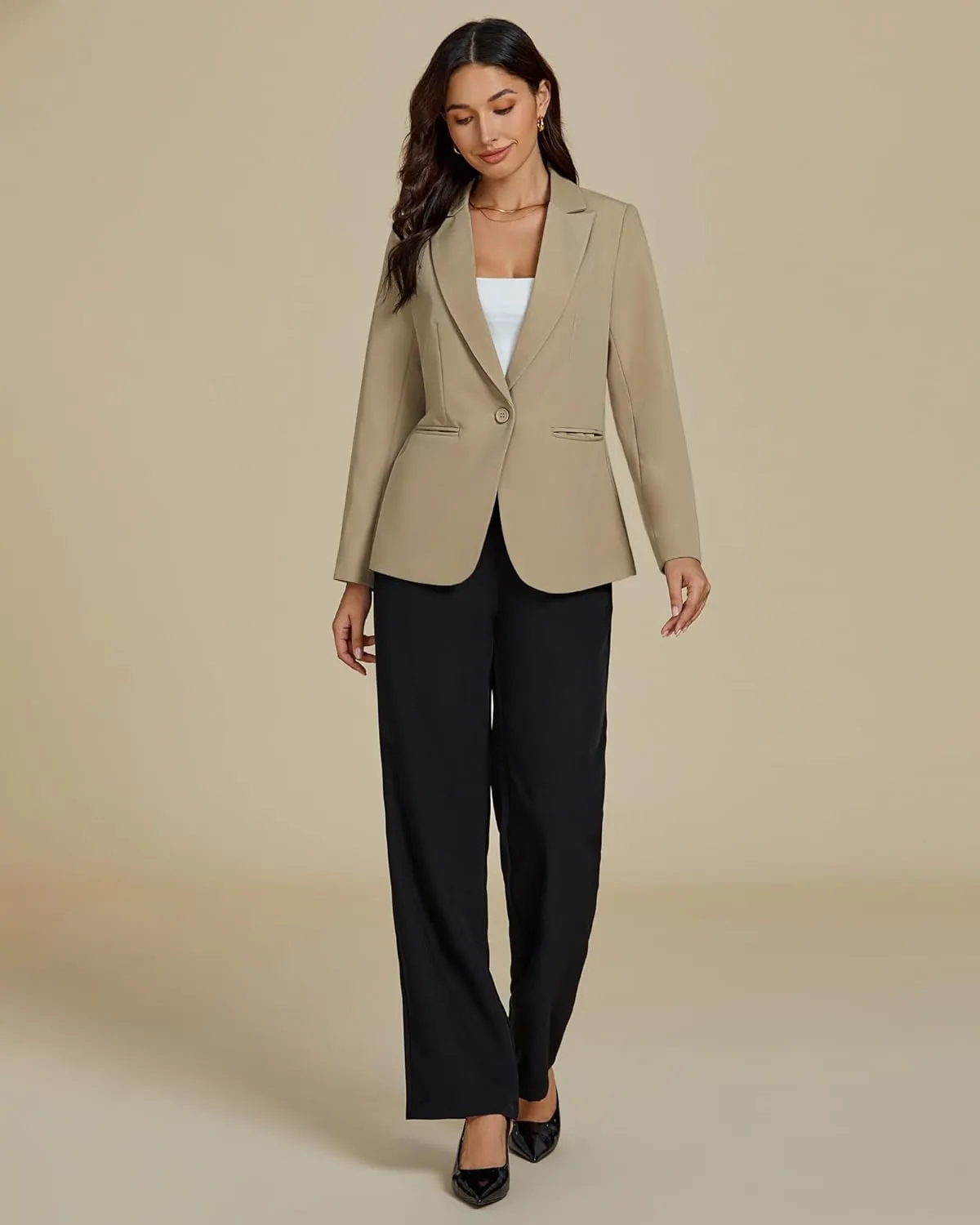 luvamia Dressy Blazers for Women Button Long Sleeve Lapel Business Casual Outfits Office Work Suit Blazer with Pockets