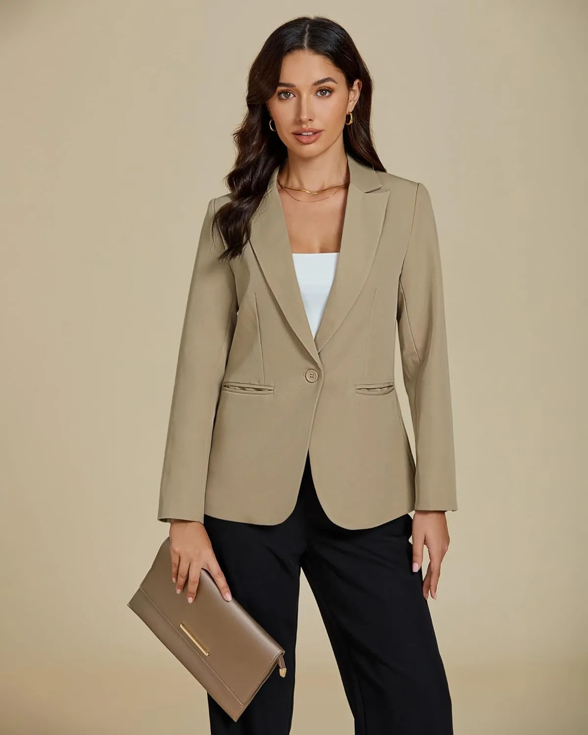 luvamia Dressy Blazers for Women Button Long Sleeve Lapel Business Casual Outfits Office Work Suit Blazer with Pockets
