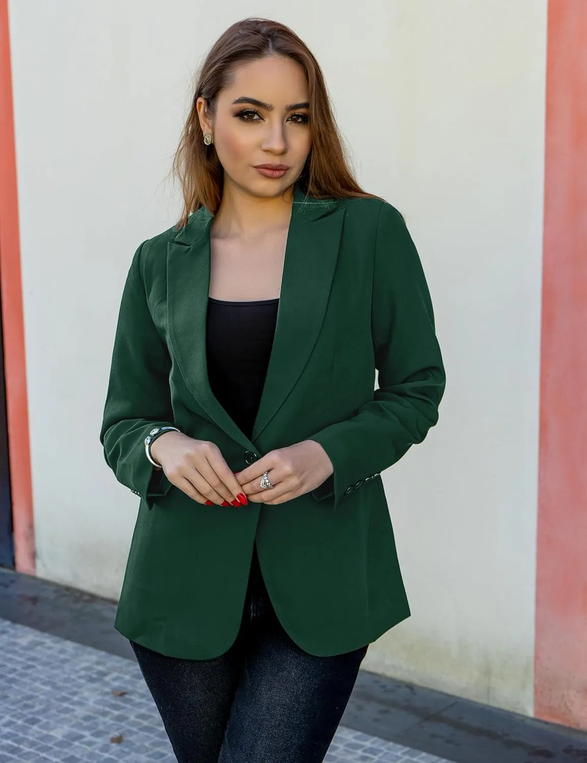luvamia Dressy Blazers for Women Button Long Sleeve Lapel Business Casual Outfits Office Work Suit Blazer with Pockets