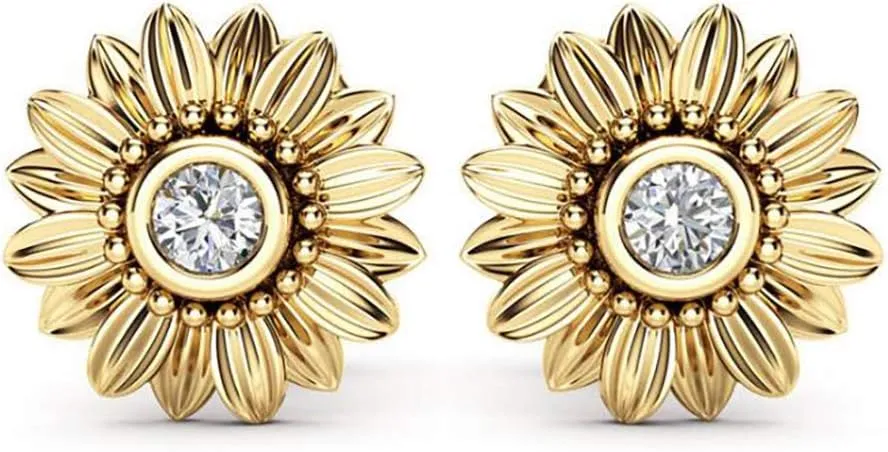 Lywjyb Birdgot Sunflower Earrings Women Fashion Elegant Rhinestone Golden Silver Earrings