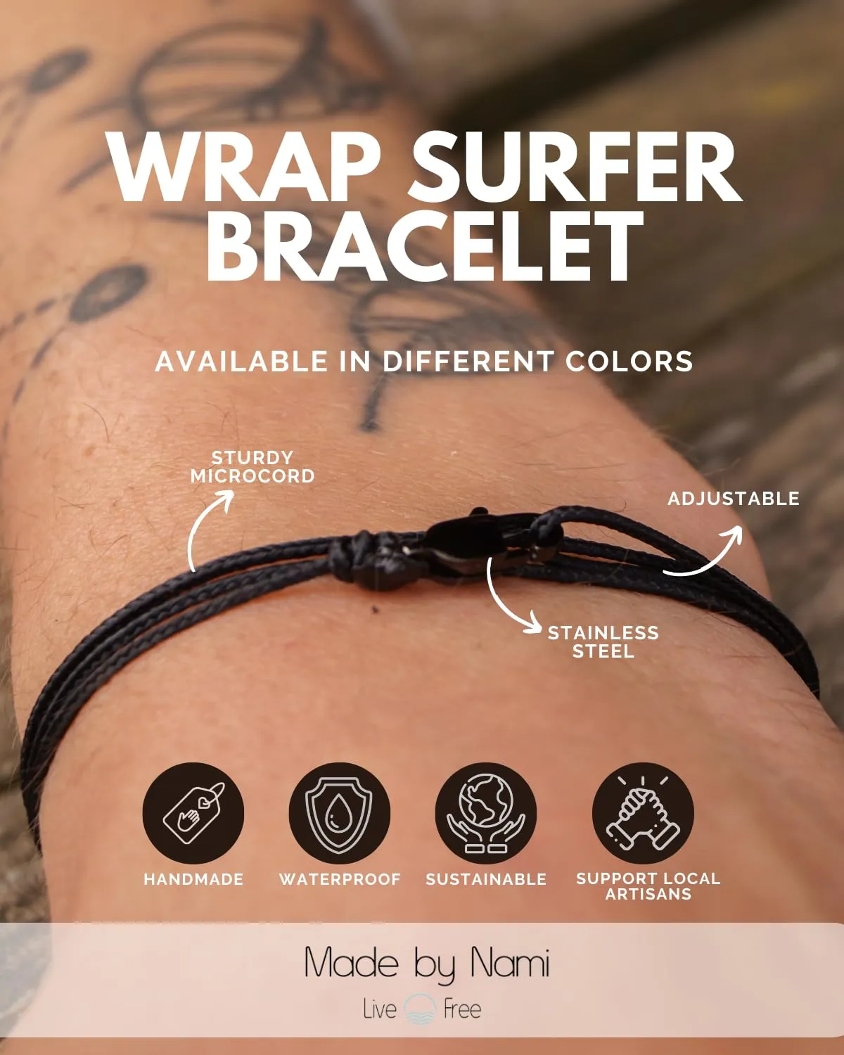 Made by Nami Nautical Rope Bracelet for Men Waterproof & Adjustable Wrap String Bracelets with Snap Hook Gift for Him (Black Black)
