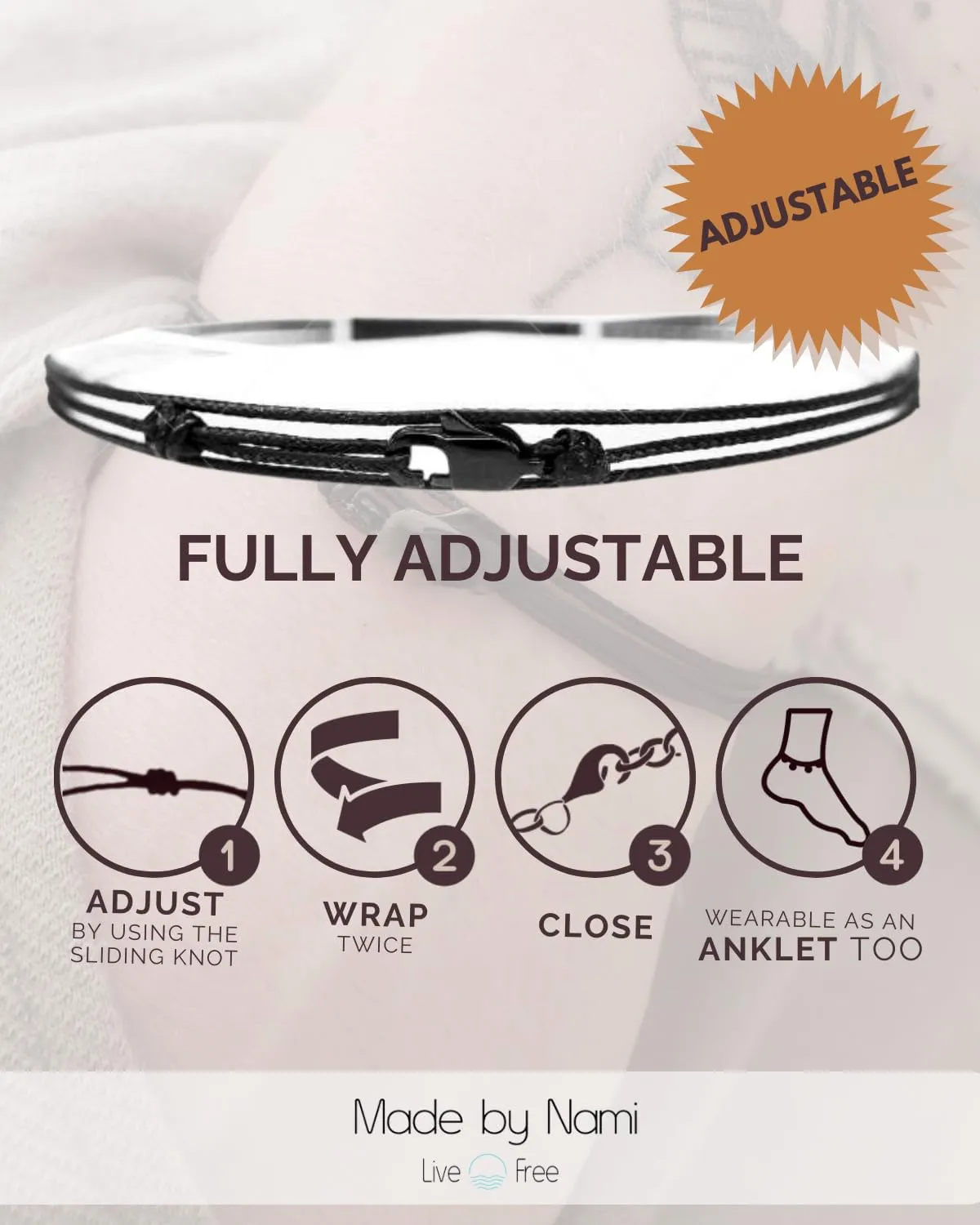 Made by Nami Nautical Rope Bracelet for Men Waterproof & Adjustable Wrap String Bracelets with Snap Hook Gift for Him (Black Black)