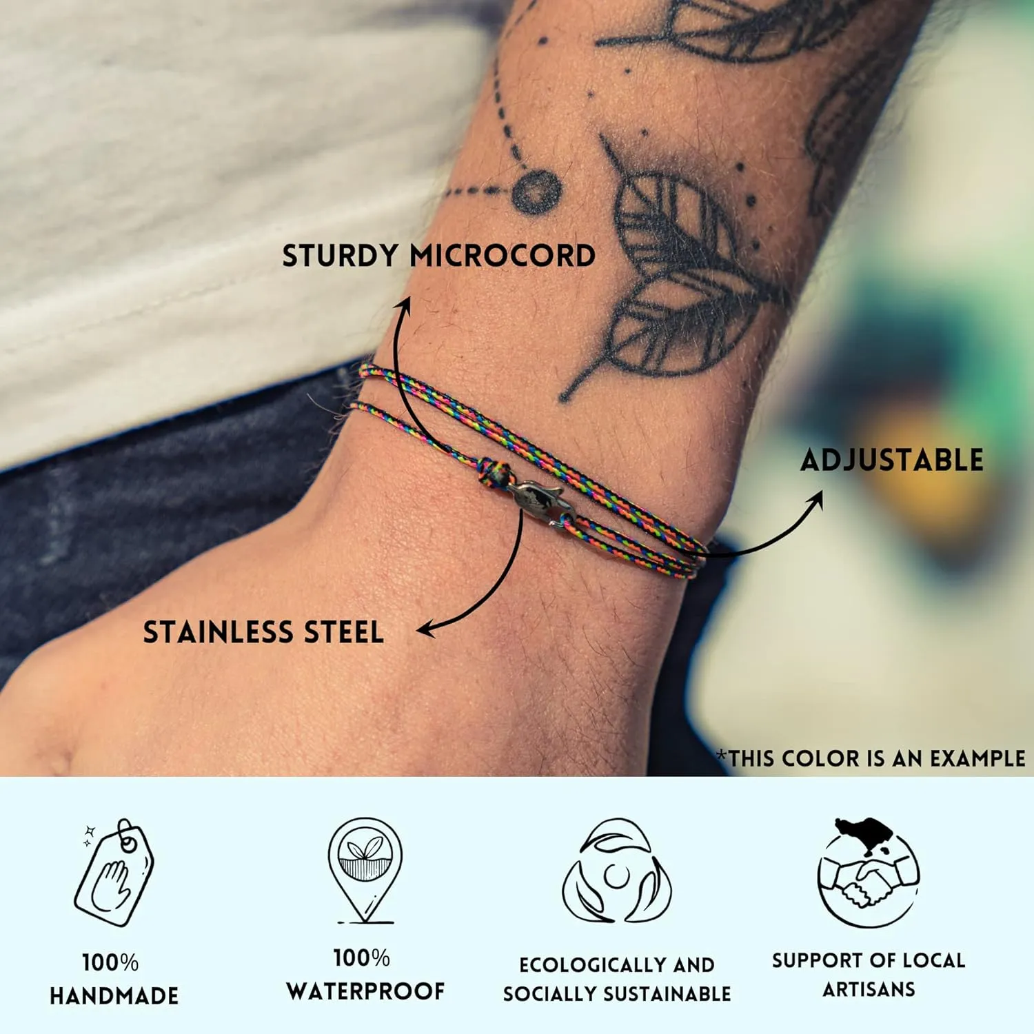 Made by Nami Nautical Rope Bracelet for Men Waterproof & Adjustable Wrap String Bracelets with Snap Hook Gift for Him (Black Silver)