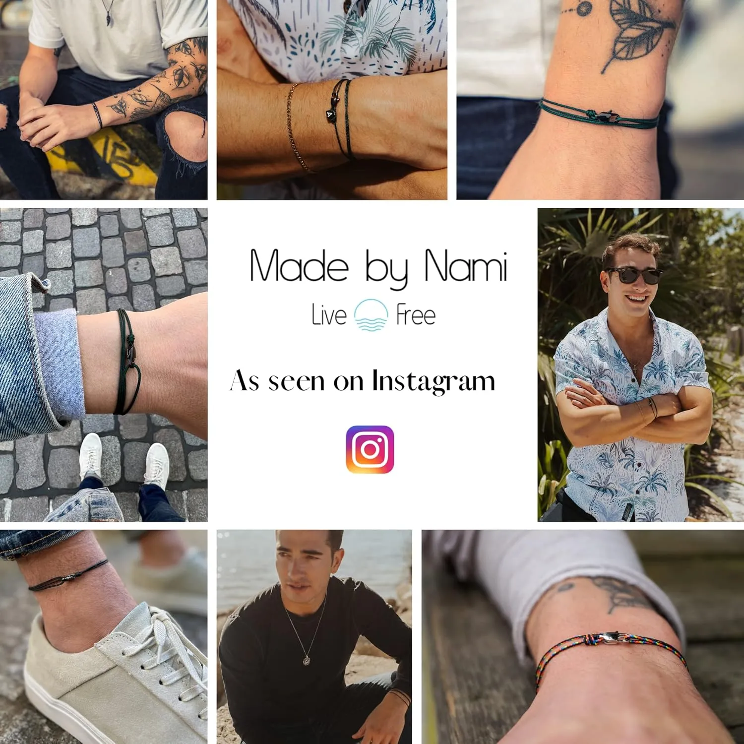 Made by Nami Nautical Rope Bracelet for Men Waterproof & Adjustable Wrap String Bracelets with Snap Hook Gift for Him (Black Silver)