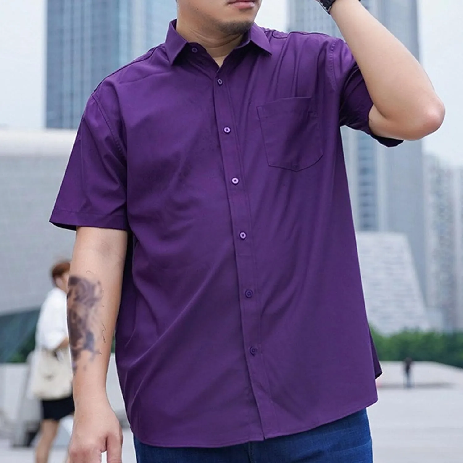 Maiyifu-GJ Men's Short Sleeve Dress Shirts Casual Loose Button Down Shirts Lightweight Breathable Summer Shirt with Pocket