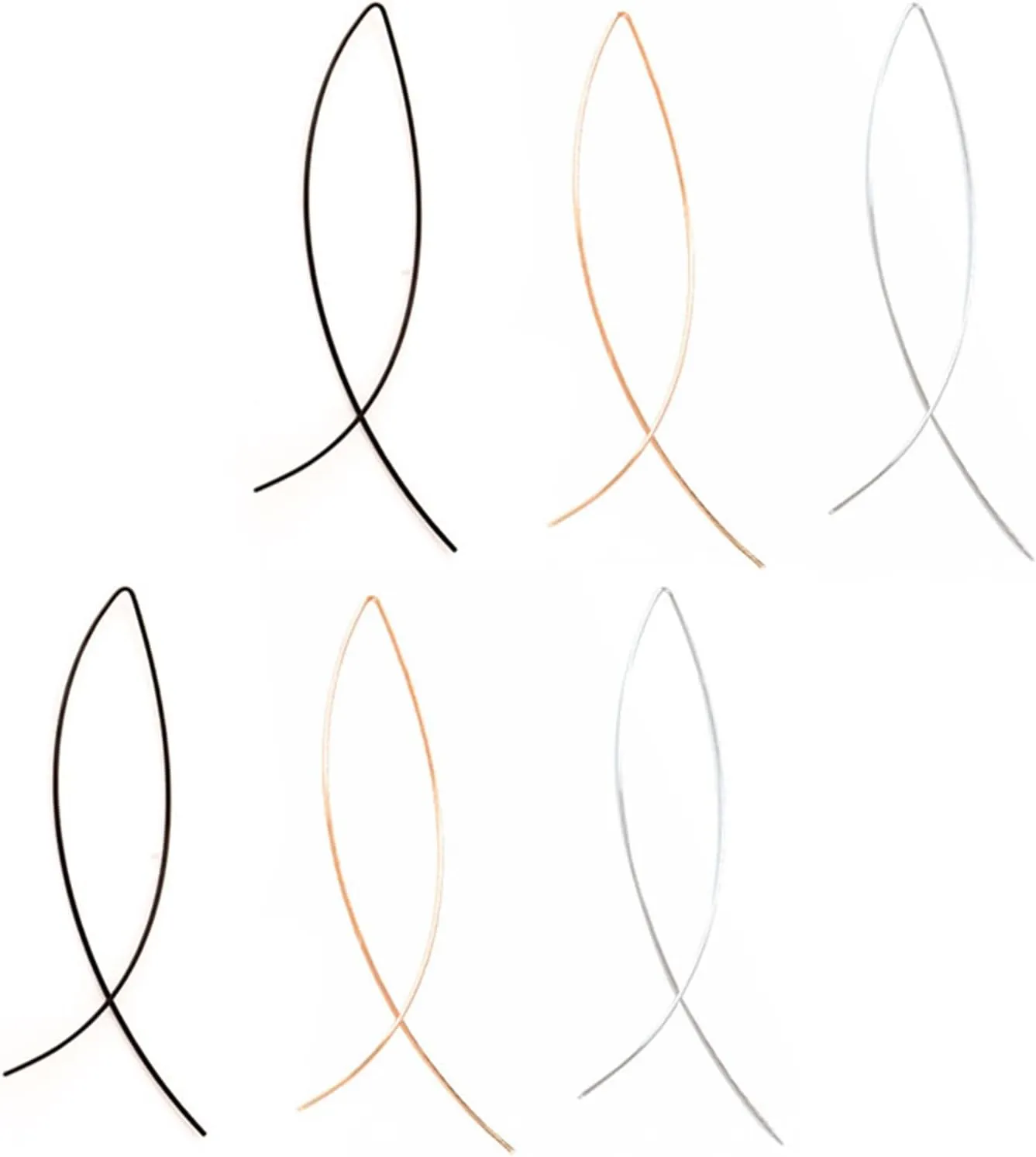 MALOYANVE 3 Pairs Modern Metallic Arc Bar Pull Through Threader Earrings Minimalist Silver Gold Black Simple Lightweight Curved Ribbon Vertical Drop Fish Hoop Dangles Arc Threader Earrings
