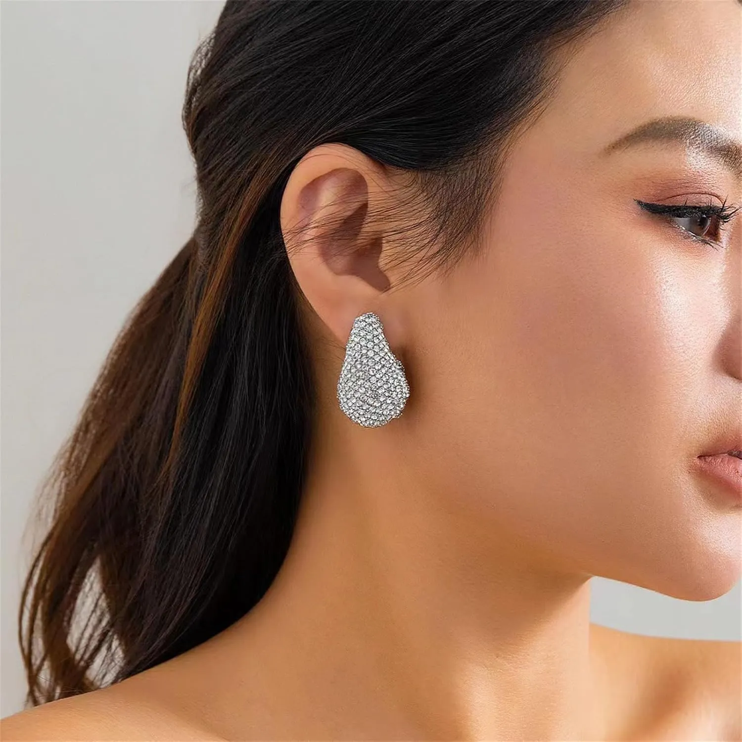 MALOYANVE Chunky Teardrop Hoop Earrings for Women Elegant Sparkly Rhinestone Cubic Zirconia Lightweight Water Drop Stud Earrings Wedding Bridal Valentine's Day Jewelry