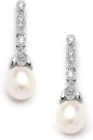 Mariell Cultured Freshwater Pearl Bridal Drop Earrings with Cubic Zirconia Crystals, Ivory Pearl Wedding Earring for Brides, Bridesmaids, Mother of the Bride and Everyday Wear
