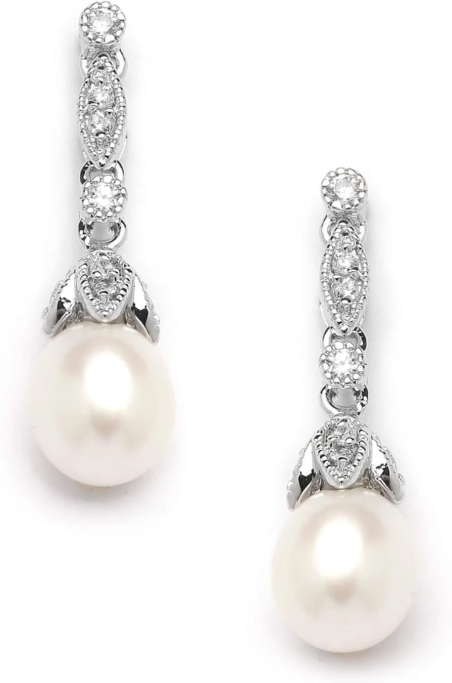 Mariell Cultured Freshwater Pearl Bridal Drop Earrings with Cubic Zirconia Crystals, Ivory Pearl Wedding Earring for Brides, Bridesmaids, Mother of the Bride and Everyday Wear