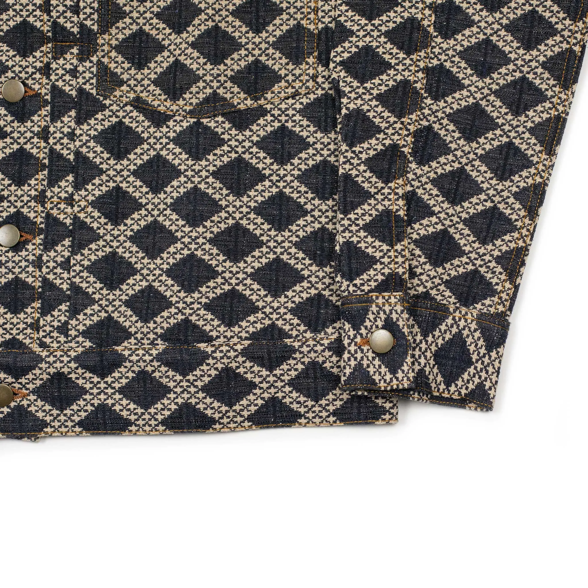 Marvin type two jacket in denim blue and ecru diamond jacquard