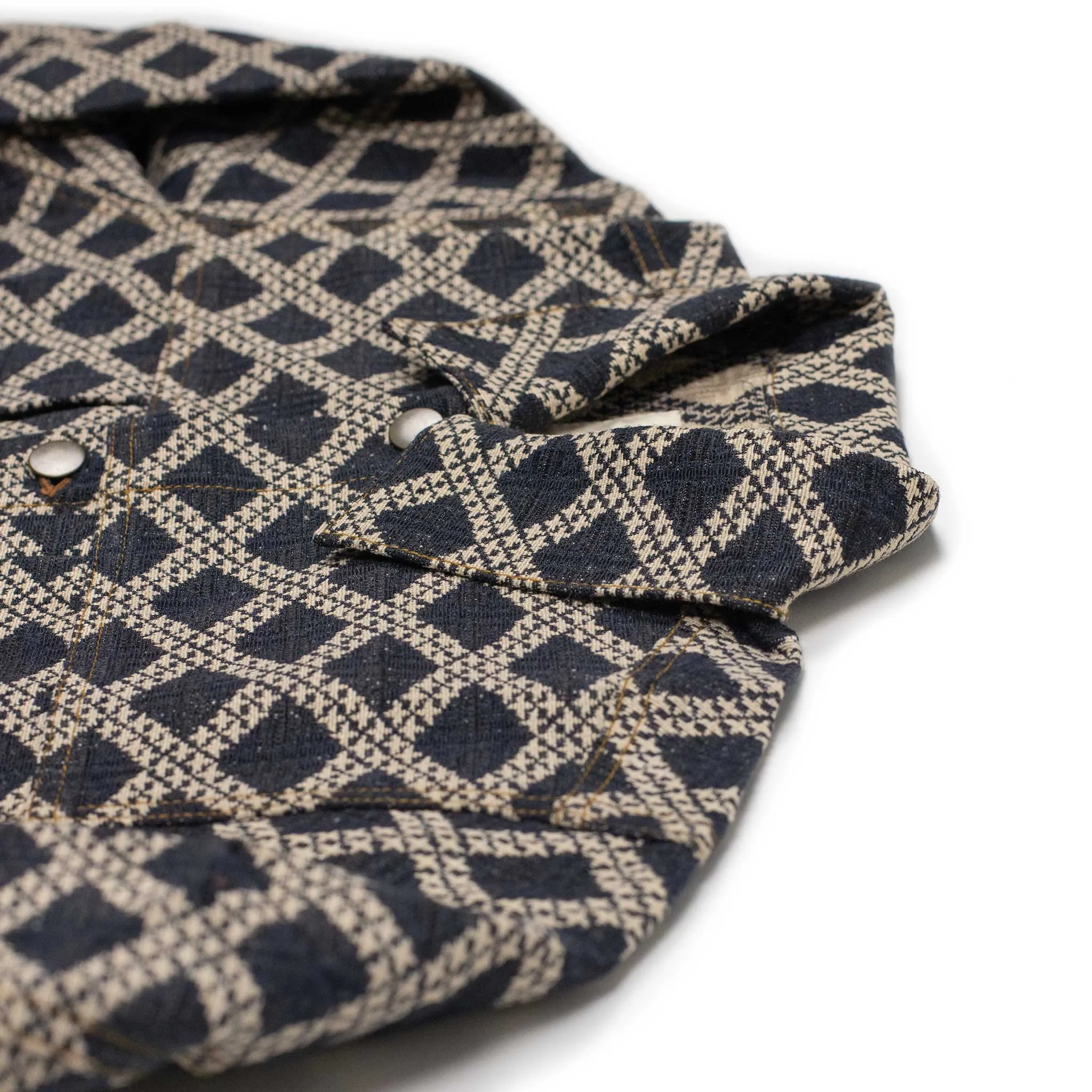 Marvin type two jacket in denim blue and ecru diamond jacquard